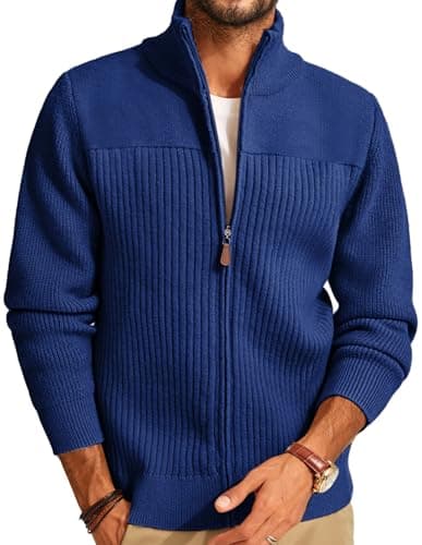 Image of PJ PAUL JONES Mens Knitted Cardigan Full Zip up Ribbed Stand Collar Warm Sweaters Winter Jacket S Blue