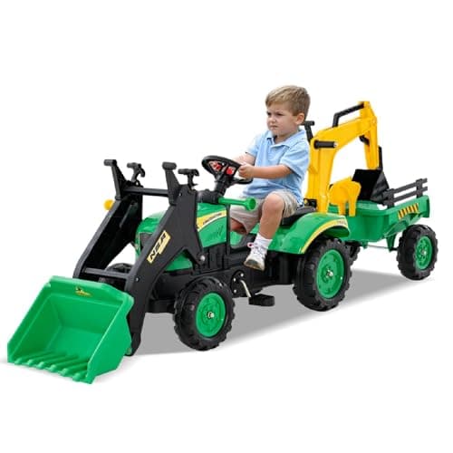 Image of Maxmass Kids Ride on Bulldozer, 3-in-1 Children Pedal Ride on Excavator with Detachable Trailer, Adjustable Digging & Shovel Bucket, Horn Sound, Toddler Tractor Toy Car for 3-6 Years Old (Green)