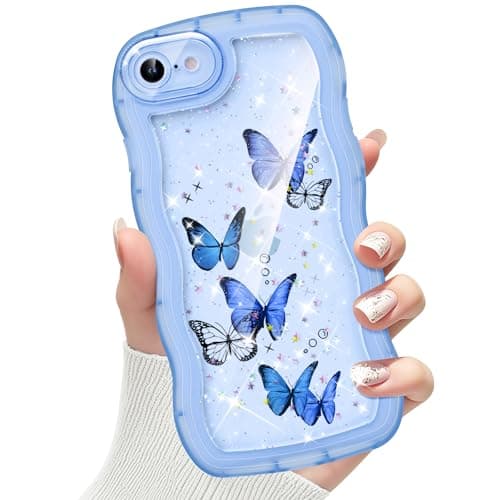 Image of CASBST Compatible with iPhone SE/8/7 Case for Women Girls, Curly Wave Frame with Bling Glitter Butterfly Pattern, Full Camera Protection, Slim TPU Aesthetic Clear Phone Case for iPhone SE/8/7, Blue