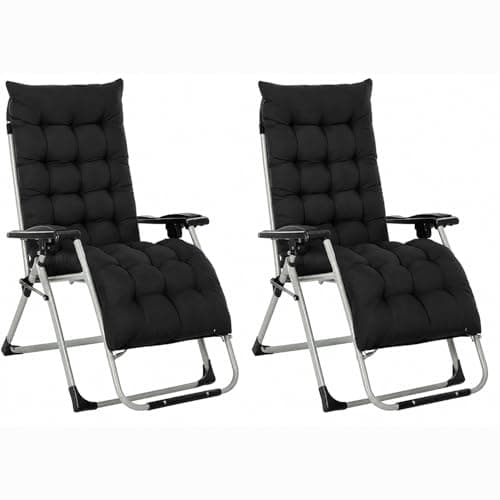 Image of Neo 2pcs Zero Gravity Sun Lounger With Cushions Padded Foldable Reclining Chair Portable Garden Furniture Camping Thick Comfortable Non-Slip Relaxer Indoor & Outdoor (Black)