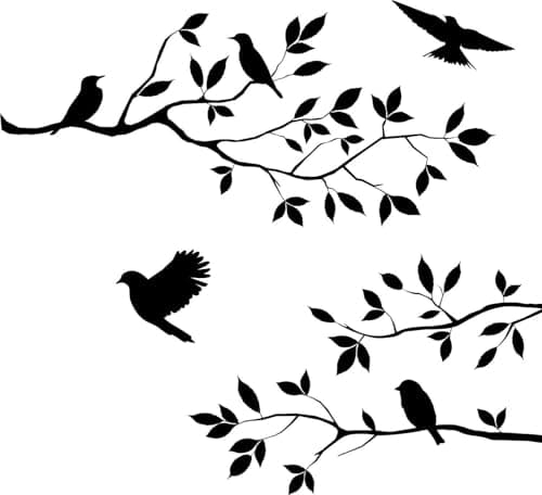 Image of RETON Birds on Tree Branch Wall Decal, 60 cm x 35 cm Black Tree Branches Wall Art Sticker, DIY Removable Vinyl Black Birds Leaves Wall Stickers for Bedroom Living Room Farmhouse Decor