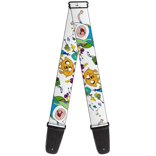 Image of Buckle-Down Cartoon Network Guitar Strap, Adventure Time Jake and Finn Open Pack Pose White, 2 Inches Wide, White, 2" Wide - 29-54" Length