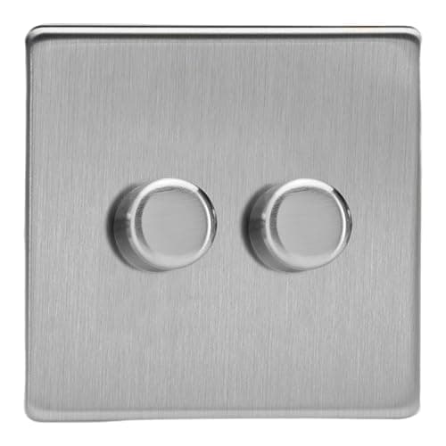 Image of Varilight Brushed Steel Screwless, LED Dimmer Switch - V-Pro Series, 2 Gang (Single), 1 or 2 Way, 250 Watt (Trailing Edge)