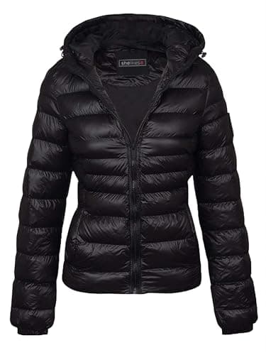 Image of shelikes Womens Winter Jacket Ladies Padded Quilted Coat Glossy Puffer Hooded Warm Jackets Black