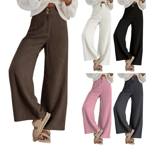 Image of Women's Corduroy Trousers Double Buttoned High Waisted Wide Leg Stretch Corduroy Pants Business Casual Loose Cord Work Pants Autumn Winter Vintage Palazzo Pants with Pockets,Beige,S