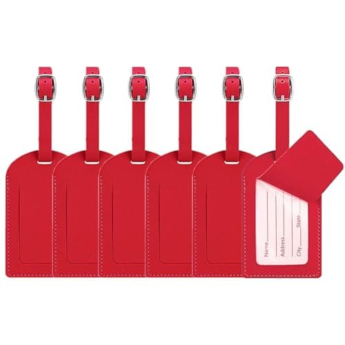 Image of Luggage Tags, 6 Pcs Leather Suitcase Labels Travel Luggage Tag with Name ID Card Baggage Labels Tags for Luggage Bags Backpacks Cruise Waterproof Travel Accessories(Red)