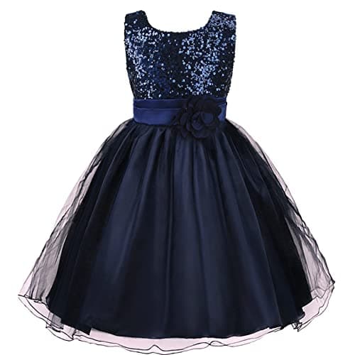 Image of Discoball Girls Princess Dress Sequin Tulle Flower Pageant Birthday Party Wedding Bridesmaid Girl Dresses for 2-10 Years Navy Blue