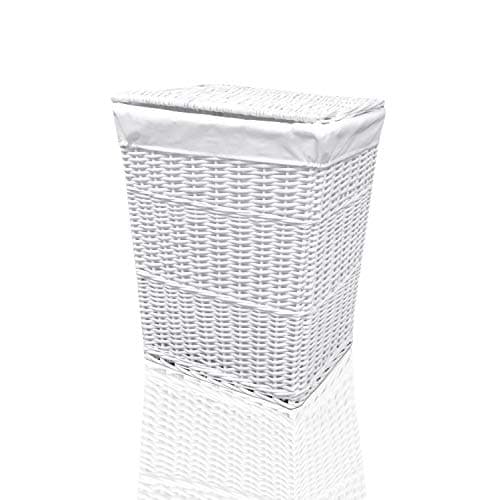 Image of ARPAN Medium Wicker Laundry Basket with Lining, Washing Hamper with Removable Liner and Lid, White (38.5 x 21.5 x 48 cm)