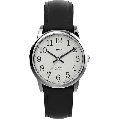 Image of Timex Men's T20501 Quartz Easy Reader Watch with White Dial Analogue Display and Black Leather Strap Silver-Tone