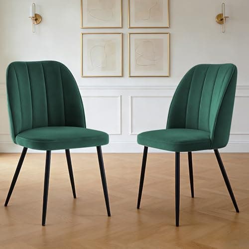 Image of ZOONFA Velvet Dining Chairs Set of 2 Upholstered Padded Seat with Curved Tufted Back Accent Chair for Kitchen Living Room Office （Green）