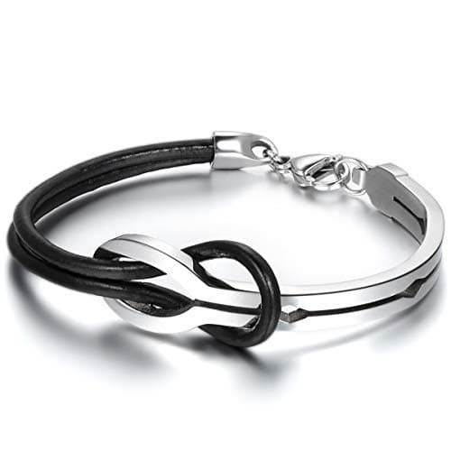 Image of JewelryWe Mens Womens Leather Stainless Steel Bracelet, Infinity Love Sign Cuff Bangle, Black Silver