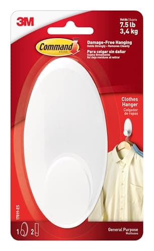 Image of Command 17019-ES Clothes Hanger Hook, Pack of 1 Hook and 2 Adhesive Strips, White - Damage Free Hanging - Holds up to 3.4 kg