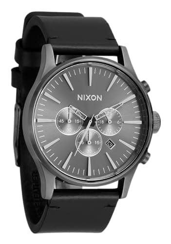 Image of NIXON Sentry Chrono Leather A1391-100m Water Resistant Men's Analog Chronograph Watch (42mm Watch Face, 23mm Leather Band), All Gunmetal / Black, One Size, Sentry Chrono Leather