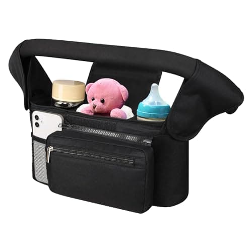 Image of Hranio Pram Bag Organiser with Cup Holder for Pram Accessories, Pushchair Organiser, Baby Essentials, Large Capacity, Shoulder Strap & Non-Slip Secure Hooks, 3 Insulated Cup Holder