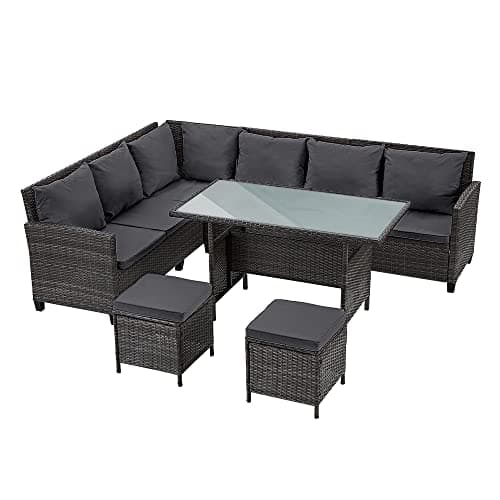 Image of Panana 8 Seater Rattan Garden Furniture Corner Dining Set, Outdoor Sofa Set with Dining Table, 2 Stools, Cushions, Free Cover for Patio & Conservatory (Mixed Grey Wicker with Grey Cushions)