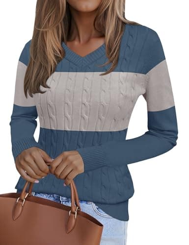 Image of Kistore Cable Knit Jumper Women V Neck Ladies Jumpers V Neck Cable Knit Sweater Color-Blocked Fall Clothing Size 12-14 Blue Grey