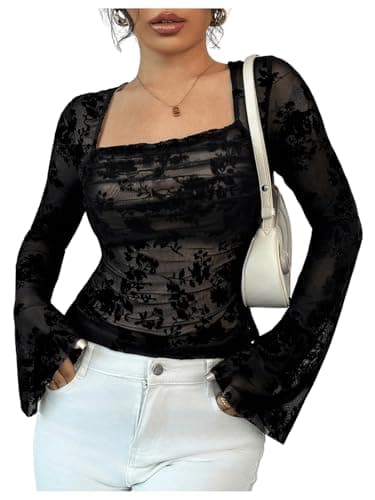 Image of GORGLITTER Women's Floral Lace Square Neck T Shirts Mesh Sheer Bell Long Sleeve Ruched Fitted Elegant Tops Black Large