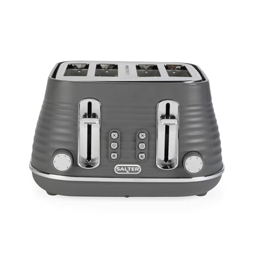 Image of Salter EK5743GRY 4-Slice Wide Slot Toaster – Extra Thick Bread, Bagels, Crumpets, 6 Browning Levels, Removable Crumb Tray, Defrost/Reheat/Cancel, High-Lift Eject, Self-Centring, 1630W, Ripple Grey