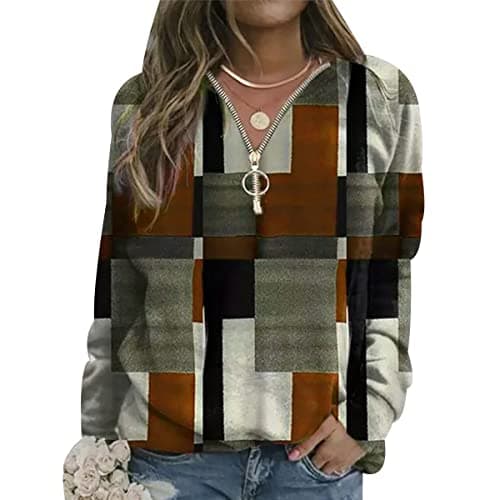 Image of Zip Sweatshirt Women Ladies Sweatshirt Womens Oversized V Neck Sweatshirt Sweatshirts for Women Pullover Vintage Casual Sports Loose Cute Personalised Long Sleeve Sweatshirt Jumpers for Women Coffee S