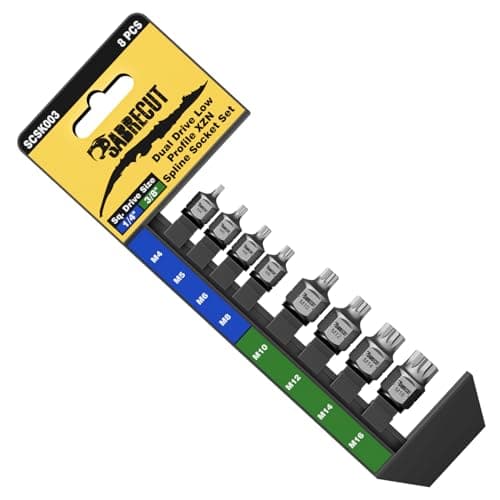 Image of 1 x SabreCut SCSK003 8pc Dual Drive Low Profile XZN Triple Square Spline Socket Set M4–M16 – Ultra Low Profile, 1/4" & 3/8" Square Drive + External Hex, S2 Impact Steel, Zinc Phosphate, Storage Rail