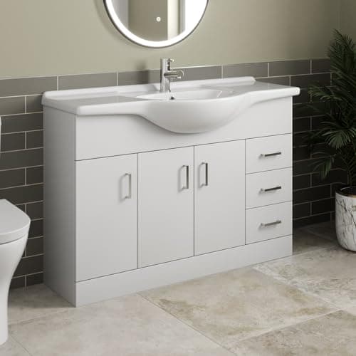 Image of Affine® 1200mm Vanity Unit Basin Sink Bathroom Storage Cabinet Cupboard Freestanding, Single Tap Hole Ceramic Wash Basins, Soft Close Doors & Drawers, White Gloss