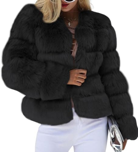 Image of loveimgs Women Warm Fluffy Cropped Puffer Jacket Faux Fur Coat Crop Parka Collarless Winter Teddy Bear Coat Overcoat, Black, Small