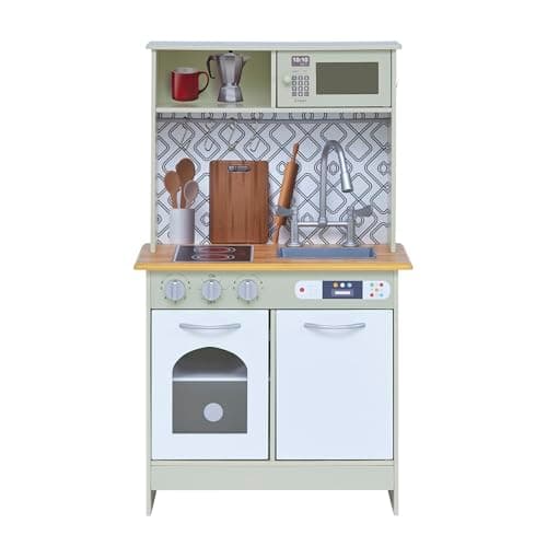 Image of Teamson Kids Little Chef Boston Modern Farmhouse Wooden Kitchen Playset with Interactive Features & 9 Play Cooking Accessories, Light Green/White TD-12679D