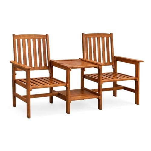 Image of Garden Mile Wooden Garden Love Seat – 2 Seater Jack & Jill Companion Seat with Table & Parasol Hole, Outdoor Patio Bench for Garden, Balcony & Decking