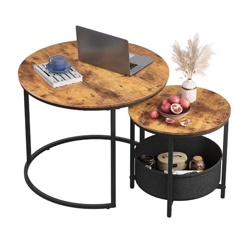 Image of WLIVE Round Coffee Tables, Nest of Tables Set of 2 with Fabric Storage Basket, Sturdy Metal Frame, Wooden Sofa Side Table for Living Room, Bedroom, Office, 60X60X51cm, Rustic Brown