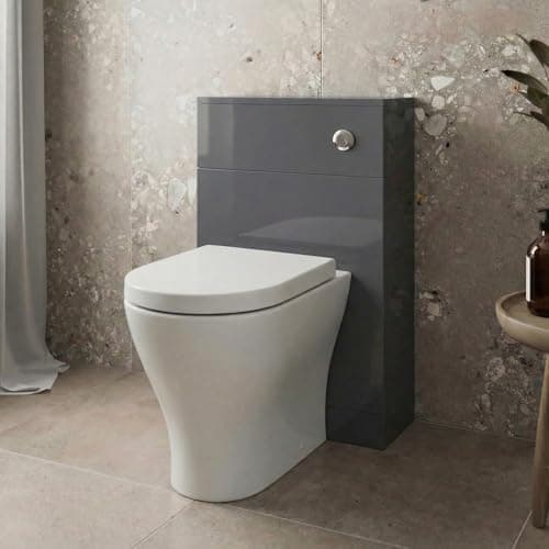 Image of Baystone Modern Bathroom Cloakroom Back to Wall BTW Toilet WC 500mm Slim Furniture Unit D Shape Arles Pan Soft Close Seat, Dual Flush Cistern, Grey Gloss