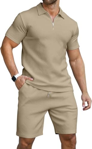 Image of KUYIGO Men's Spring Short Sleeve Polo Shirt and Shorts Set Golf Outdoor Casual Sports Set M Khaki