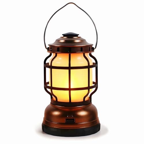 Image of Vintage LED Camping Lantern, 2 Modes (White Light & Flame Effect), Dimmable, USB Output Portable Rechargeable Lamp for Outdoor, Emergency, Home & Decorative Use – 15cm x 10cm