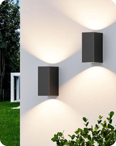 Image of EDISHINE Up and Down Outside Lights, Outdoor Wall Lights, IP44 Anti-Rust Aluminum Matte Black 2 Pack, Outdoor Wall Lightings with Clear Tempered Glass Shade, for Patio, Terrace, Hallway, Garage