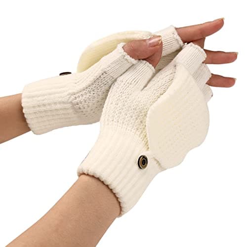 Image of Winter Knit Convertible Fingerless Wool Thermal Gloves - Unisex Womens (White, One Size)