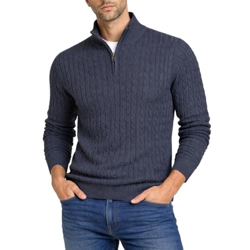 Image of Xact Men’s Cotton Rich Cable Knit Quarter Zip Jumper, Regular Fit 1/4 Zip Pullover Sweater, Smart Casual Chunky Knitwear, Classic Zip Neck Jumper (Cable - Navy) M