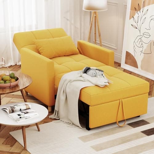 Image of UNIONLINE Single Sofa Chair 175cm Yellow, Sleeper Chair Bed Pull Out Convertible, 3-in-1 Adjustable Sleep Armchair with Side Pocket for Small Room/Living Room/Apartment
