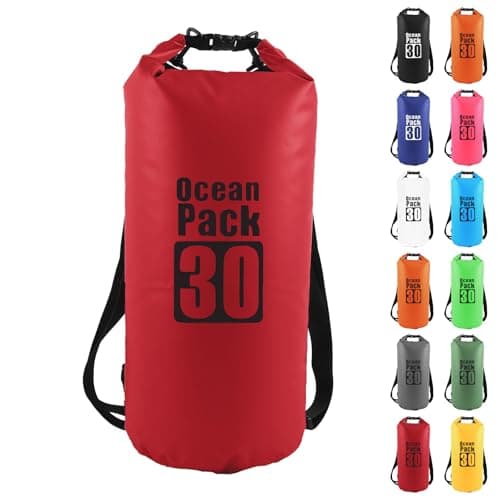 Image of MOMAHUA 30L Waterproof Dry Bag Backpack with Double Shoulder Straps - Red Durable PVC Roll Top Dry Sack - Heavy Duty Reusable Rucksack for Kayaking, Boating, Beach & Travel