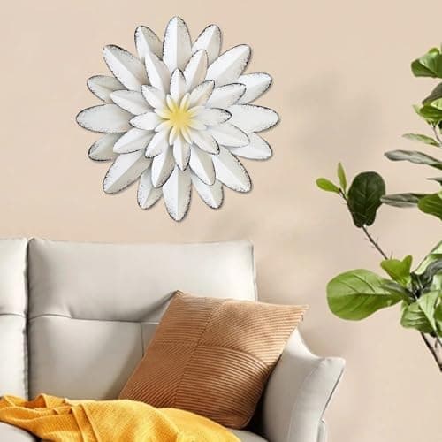 Image of NASSMOSSE Flower Wall Decor, 12 Inch Metal Flowers Wall Decor, Decorative 3D Floral Wall Decor, Hanging Metal Art Wall Decor for Living Room Bedroom Bathroom Garden, White
