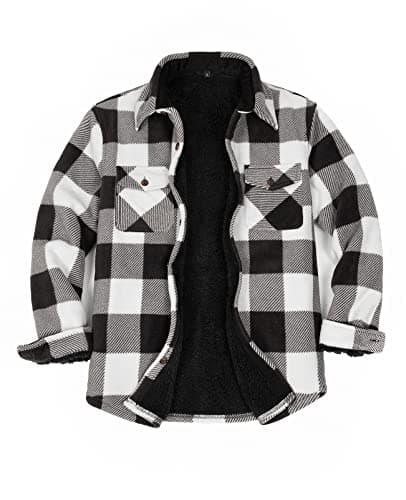 Image of ZENTHACE Mens Warm Sherpa Lined Fleece Plaid Flannel Shirt Jacket Cozy Fall Winter Flannel Shacket Jackets Coat Black and White L