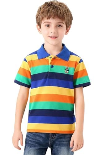 Image of Coralup Kids Boys Short Sleeve Polo Shirt Summer Stripe T- Shirt Lapel Cotton Tops for Children 7-8 Years