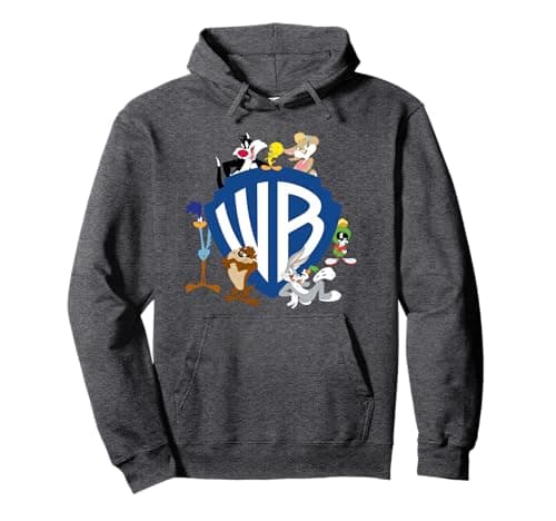 Image of WB 100: Looney Tunes WB Shield Logo With Bugs, Taz, Tweety Pullover Hoodie