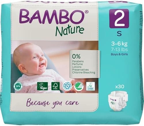 Image of Bambo Nature Premium Eco Nappies, Size 2 (7-13lb/3-6kg), Mini, 30PK, Eco-Labelled Sustainable Nappy, Enhanced Leakage Protection, Secure and Comfortable Baby Nappies
