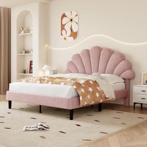 Image of BTM Upholstered Double Bed 4FT6-135x190cm, Double Bed Frame with Adjustable Petal-like Headboard and Solid Wood Slat, Velvet, Pink