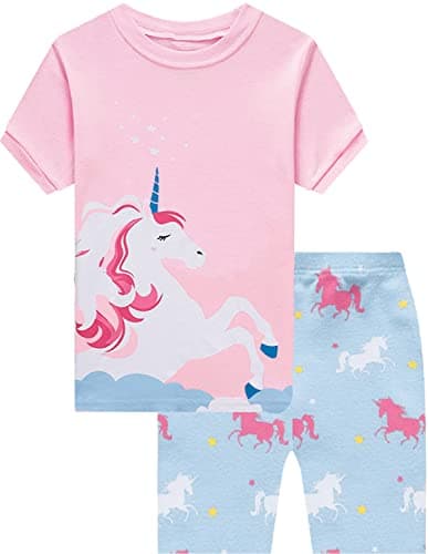 Image of Little Hand Girls Pyjamas Set Unicorn Sleepwear 100% Cotton Kids Summer Short Sleeve Pjs T-Shirt and Pants 2 Pieces Children Outfit Toddler Clothes Age 5-6 Years