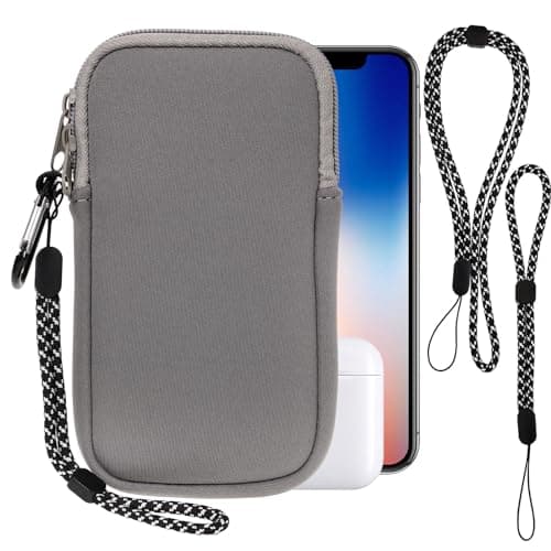 Image of Pwsap Phone Sock, Universal Shock & Impact Resistant Neoprene Pouch with Carabiner and Lanyard Strap Sleeve Case for Hiking & Travelling Phone Bag Fits Phones up to 7 Inches, Light gray, M
