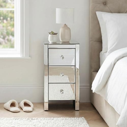 Image of The Furniture Market Slim Mirrored 3 Drawer Bedside Table | Crystal Handles | Space Saving Design | Premium Quality | No Assembly Required | H 600mm x W 300mm x D 285mm