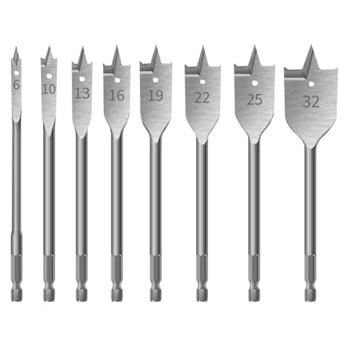 Image of HPMAISON Spade Drill Bits Set, 8PCS High Carbon Steel Heavy Duty Flat Wood Drill Bit Set Ø 6-32mm, 1/4 inch Hex Shank Spade Bits Woodworking Drilling Flat Bits Blades Kit for Plywood Plastics Chipboar