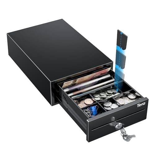 Image of Tera 8" Mini Cash Drawer Register: 208 x 298 x 98 mm 4 Bill 6 Coin Tray with 2 Extra Dividers Auto Open 12V RJ12 Media Slot Point of Sale POS System with 2 Keys Cash Register for Small Business 208