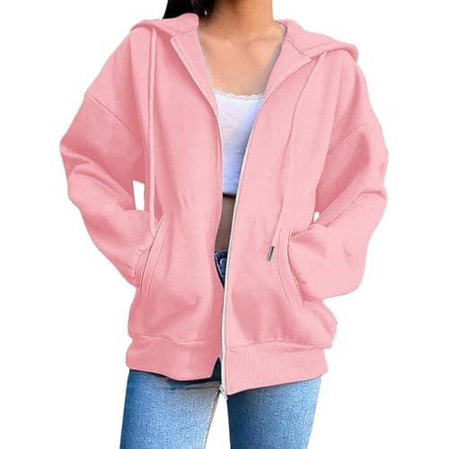 Image of Hoodies for Women Uk Cotton Hoodies for Women Uk Zip Up Hoodie Oversized Cute Lightweight Jackets Trendy Sweatshirt Workout Fall Jacket With Oversized Ladies Sweatshirts With Hood Pink