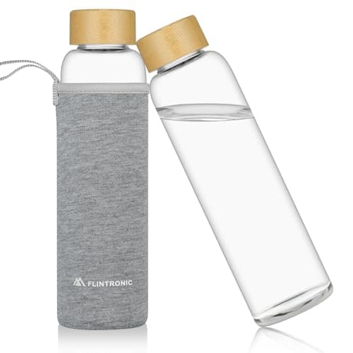 Image of flintronic Glass Water Bottle, 550ml Borosilicate Water Bottle for Hot Cold Drinks, Leak Proof Glass Bottle with Protective Sleeves, Bamboo Lid Drink Bottle for Home Travel Sport (BPA-Free)